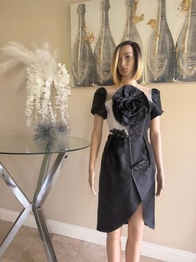 Black Satin Floral Appliqué Cocktail Dress